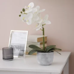 25cm White Orchid Artificial Plant In Grey Ceramic Pot -Garden Seed Store 25cm white orchid artificial plant in grey ceramic pot5010795682669 01i scaled